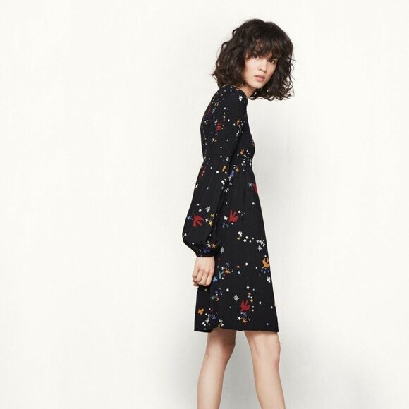 Maje Reskita Star & Swallow Smocked Crepe Whimsigoth Dress Sz 1 Boho Novelty - Picture 2 of 7